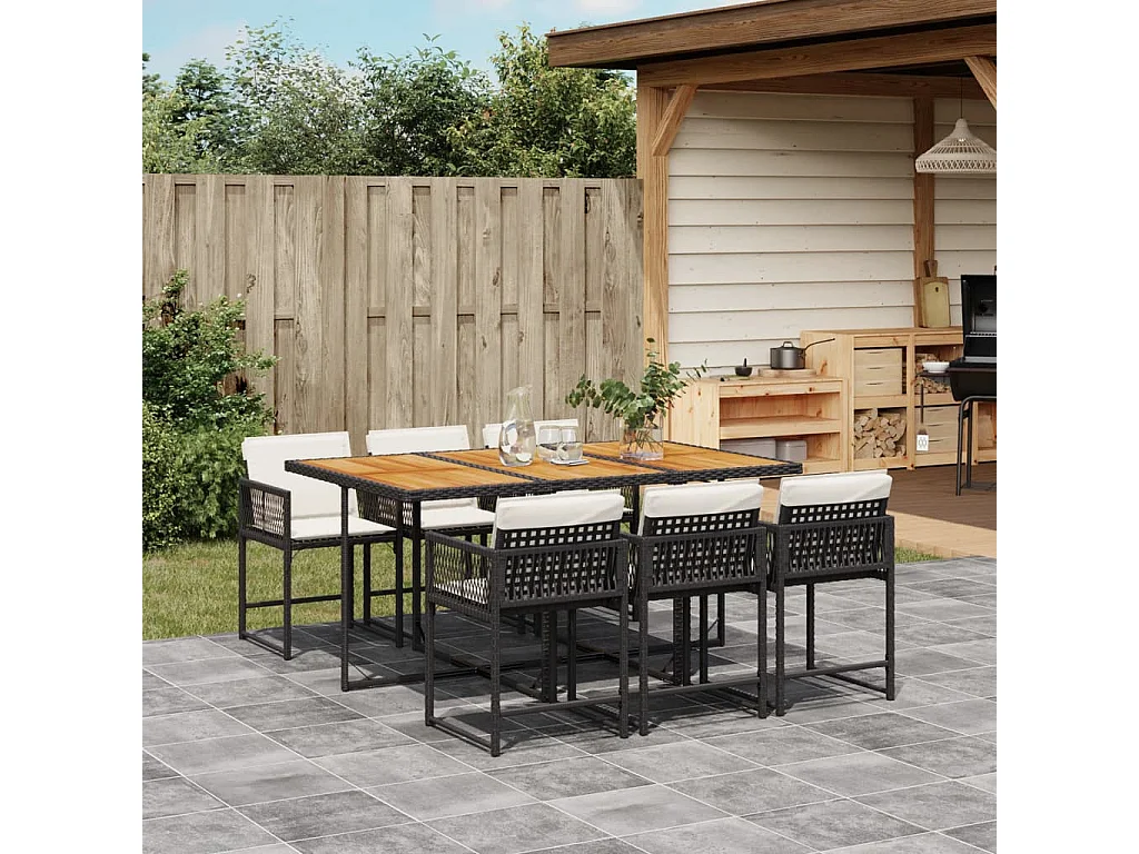 Set da Pranzo da Giardino 7 pz Nero con Cuscini in Polyrattan