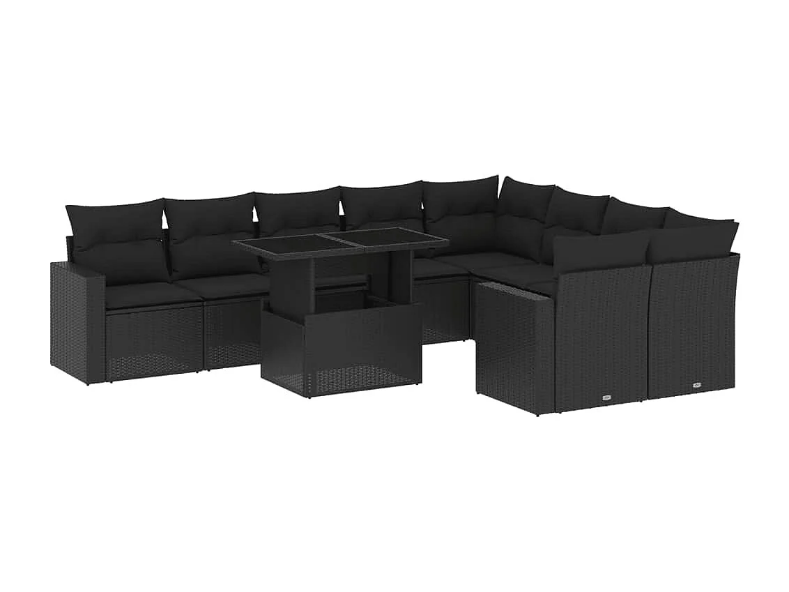 Salon de jardin 10 pcs avec coussins noir résine tressée