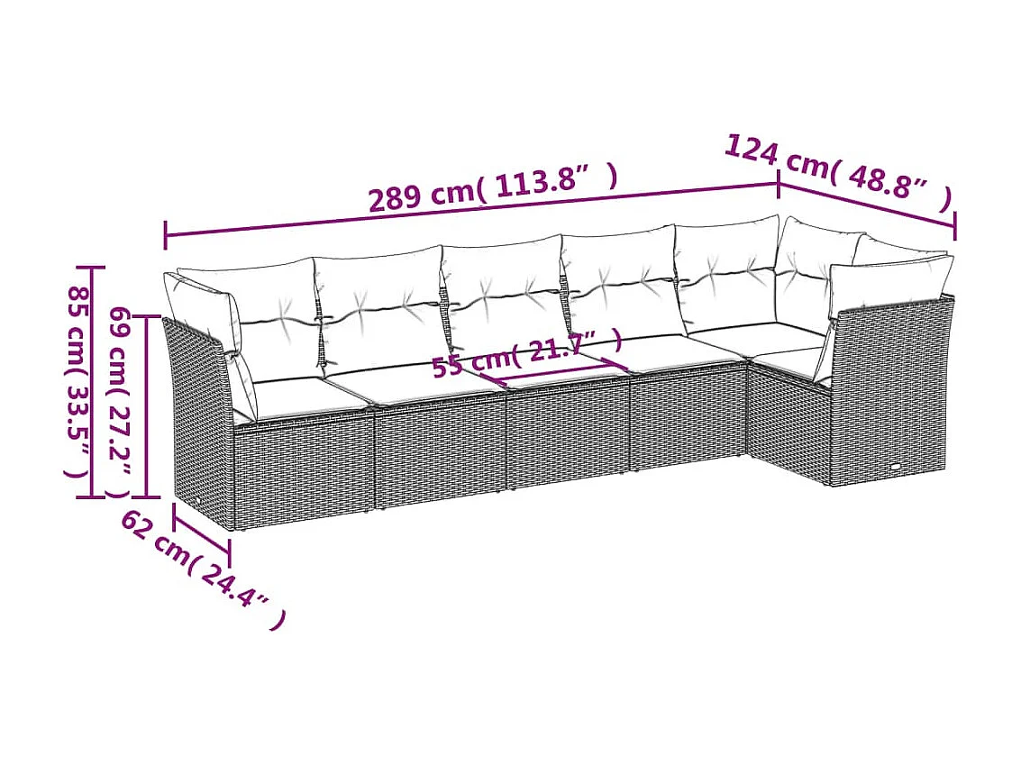 6-delige Loungeset met kussens poly rattan bruin