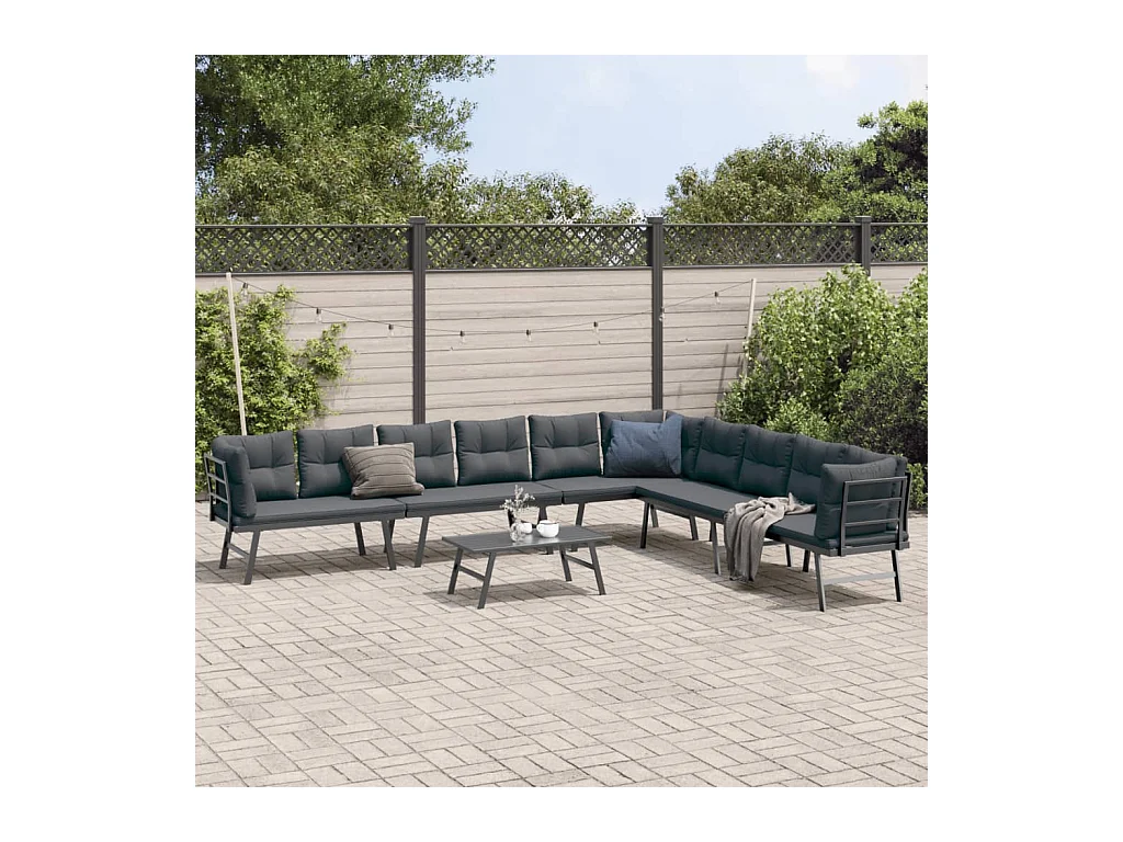 Set Panche Giardino Cuscini 5pz Nere Acciaio Verniciato Polvere