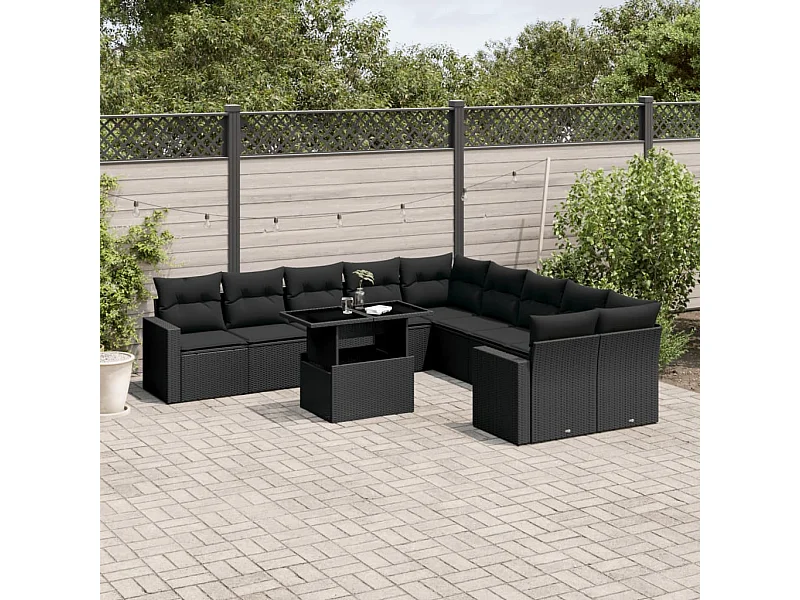 Salon de jardin 11 pcs avec coussins noir résine tressée