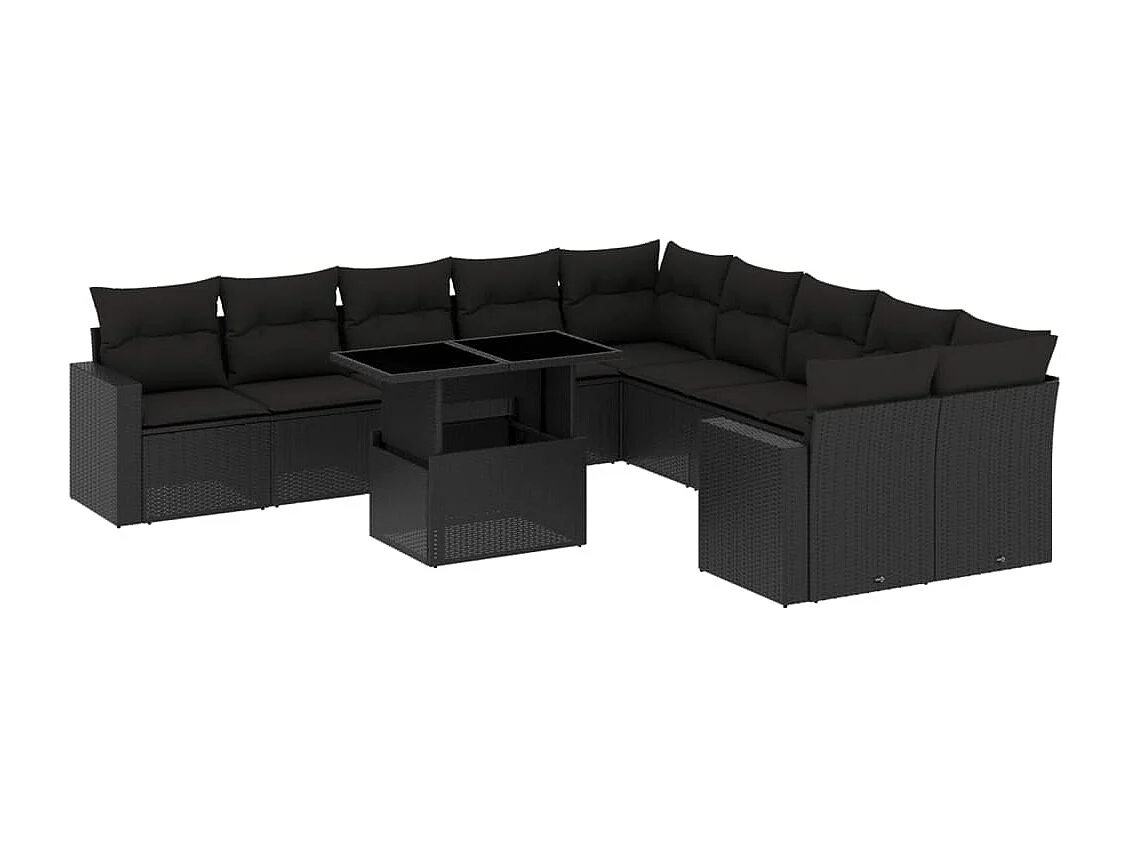 Salon de jardin 11 pcs avec coussins noir résine tressée