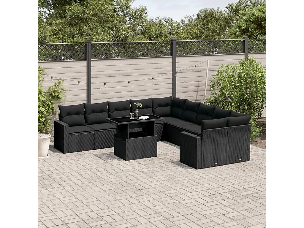 Salon de jardin 11 pcs avec coussins noir résine tressée