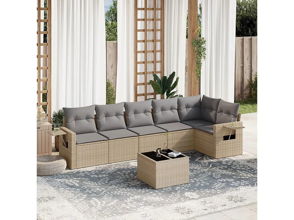 Salon de jardin avec coussins 7 pcs beige résine tressée