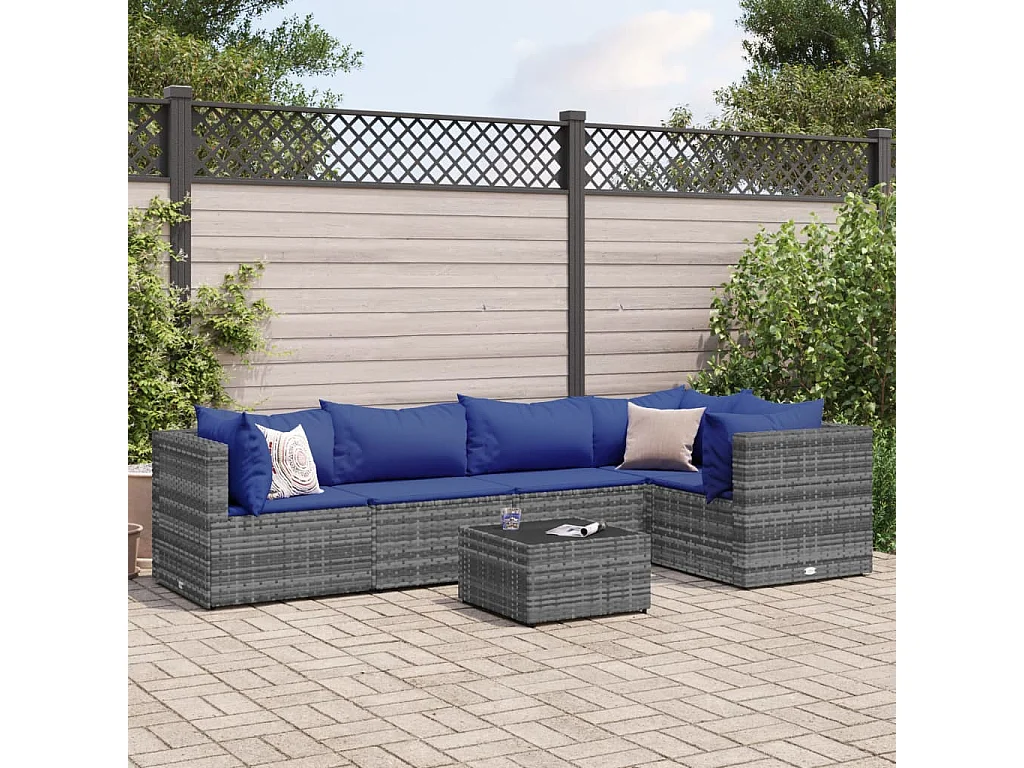 Set Divani da Giardino 6 pz con Cuscini in Polyrattan Grigio