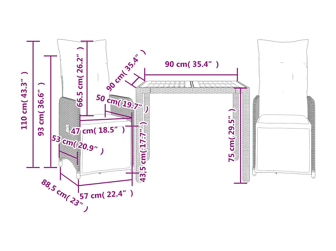 Ensemble de bistro de jardin 3 pcs coussins noir poly rotin