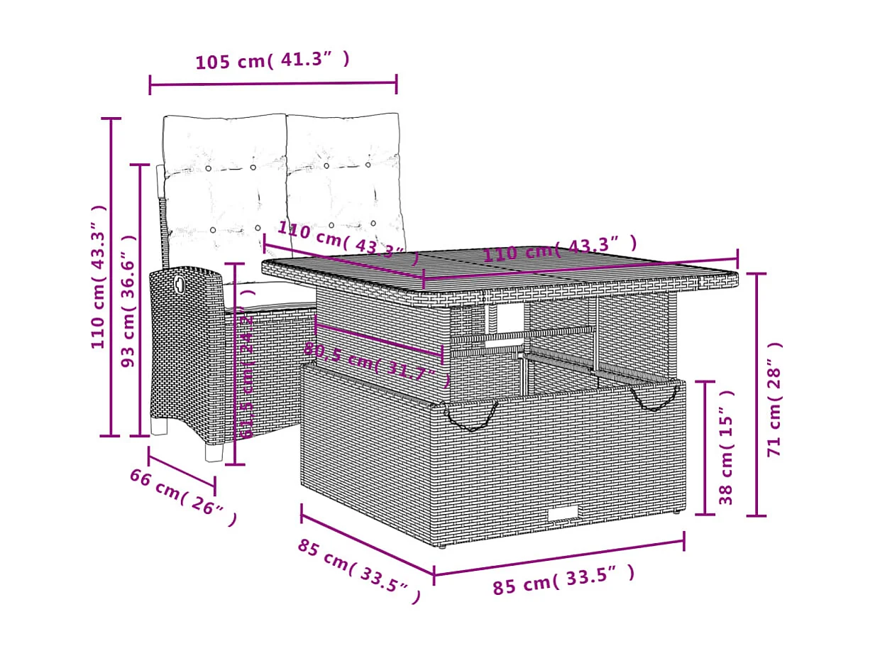2 pcs conjunto de jantar p/ jardim c/ almofadões vime PE cinza