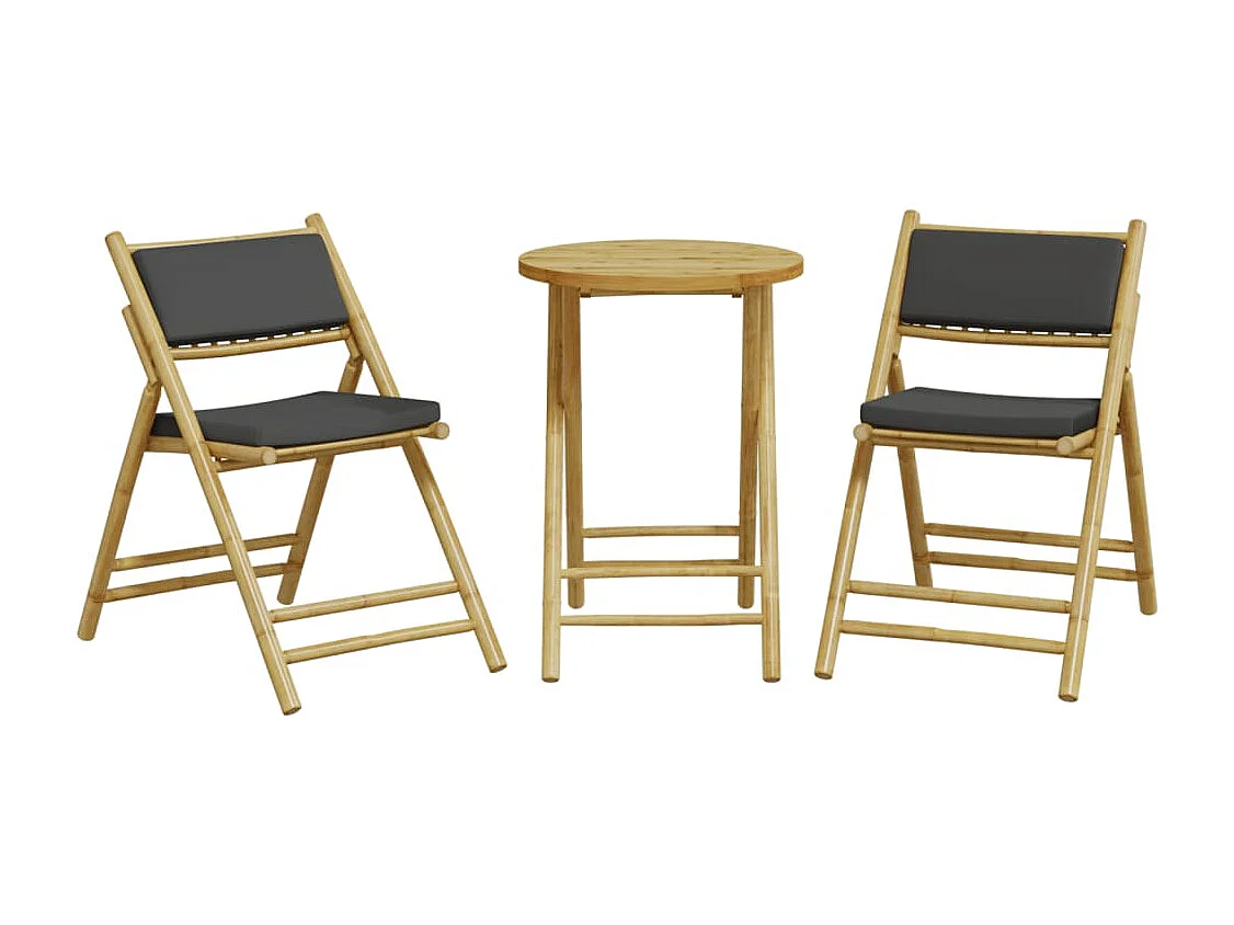Ensemble de bistro pliante 3 pcs et coussins gris foncé bambou
