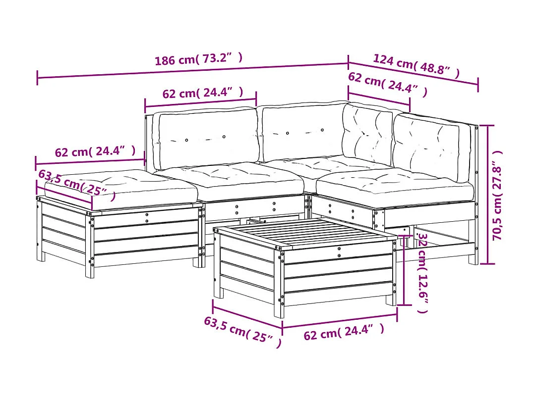 5 pcs conjunto lounge de jardim c/ almofadões pinho maciço