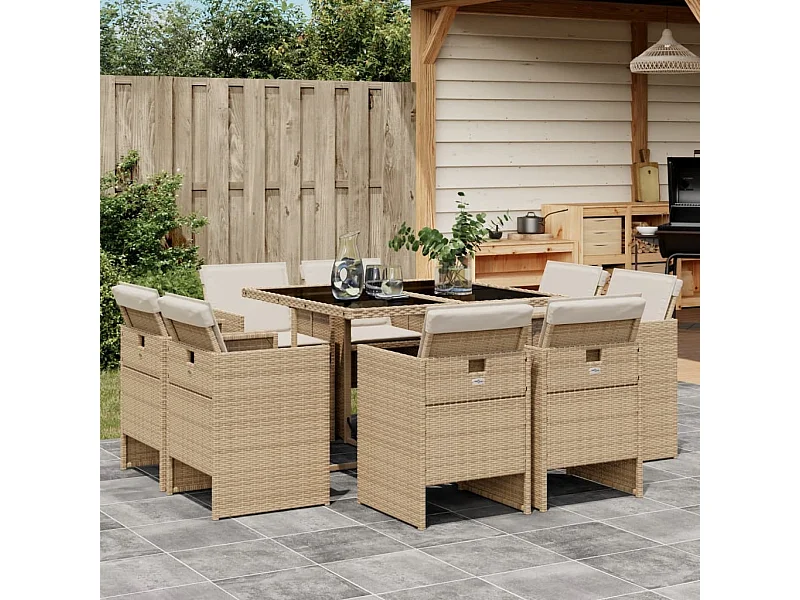 Set da Pranzo da Giardino 9 pz con Cuscini Beige in Polyrattan