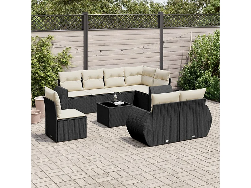 9-delige Loungeset met kussens poly rattan zwart