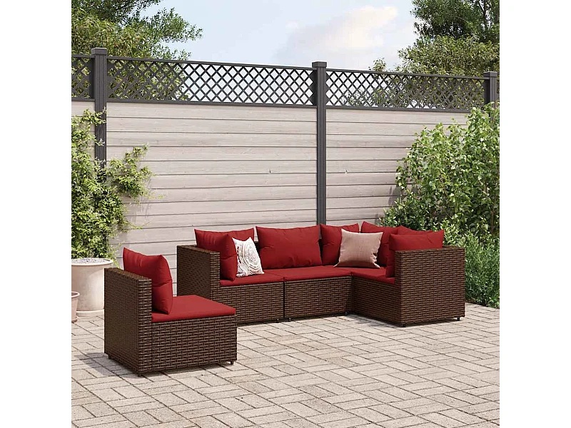 Set Divani da Giardino 5 pz con Cuscini Marrone in Polyrattan