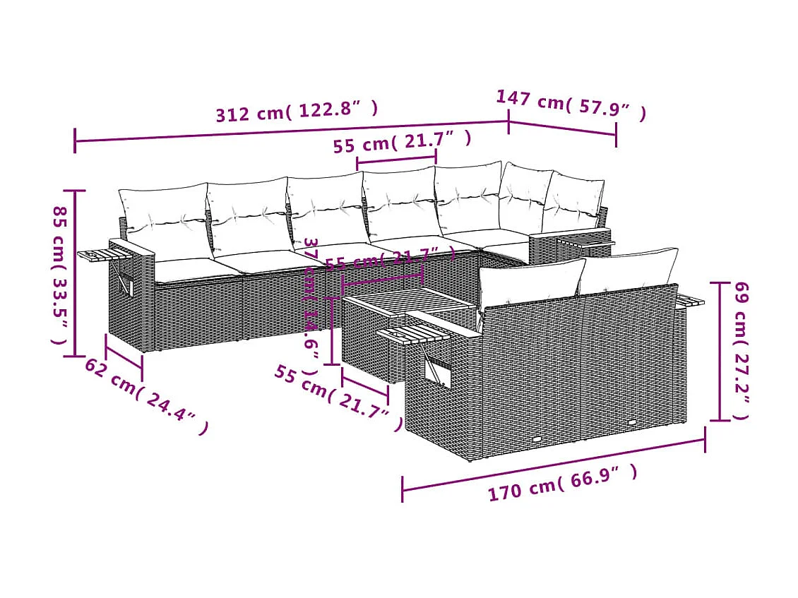 Salon de jardin 9 pcs avec coussins noir résine tressée