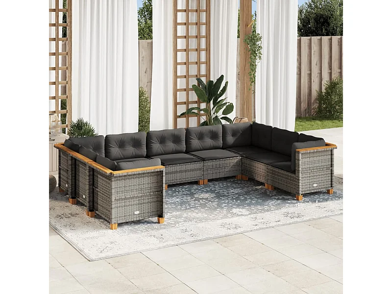Salon de jardin 9 pcs avec coussins gris résine tressée