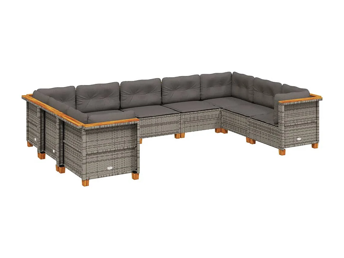 9 pcs conjunto sofás p/ jardim com almofadões vime PE cinzento