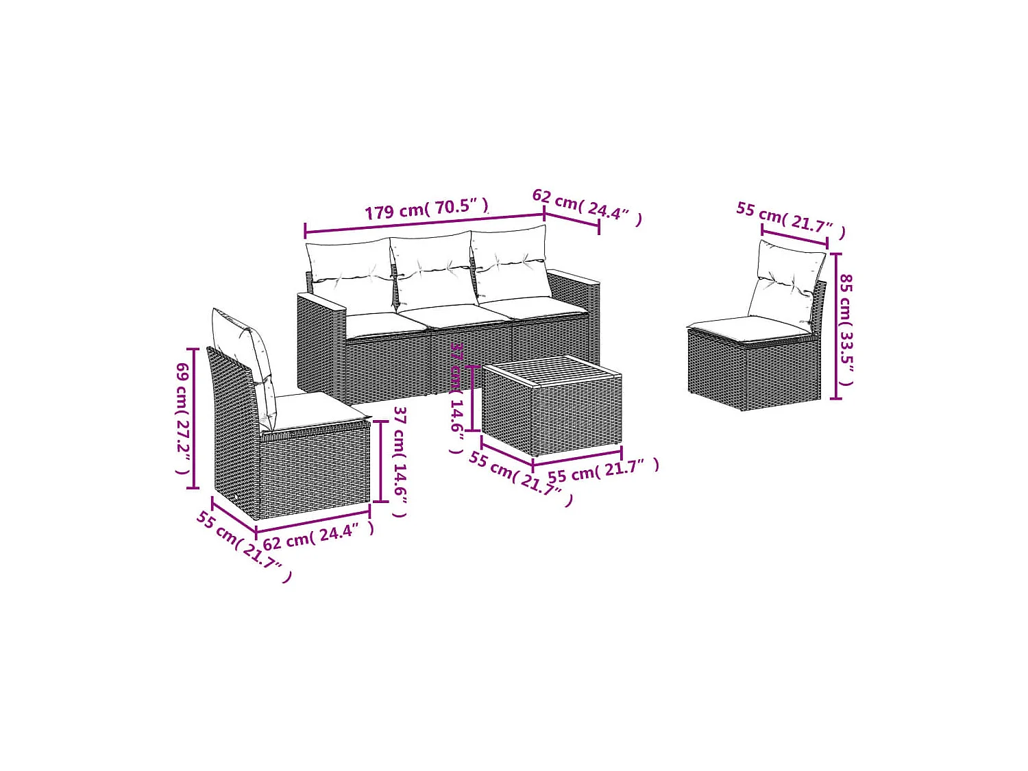 Salon de jardin 6 pcs avec coussins noir résine tressée