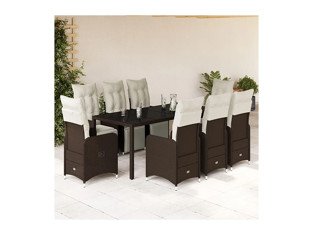 Ensemble de bistro de jardin 9 pcs coussins marron poly rotin
