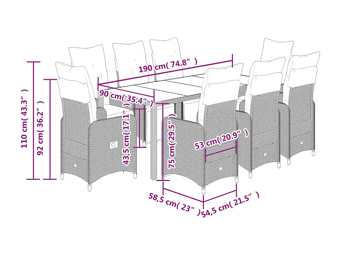 Ensemble de bistro de jardin 9 pcs coussins marron poly rotin
