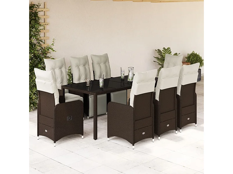 Set Bistrò da Giardino 9 pz con Cuscini in Polyrattan Marrone