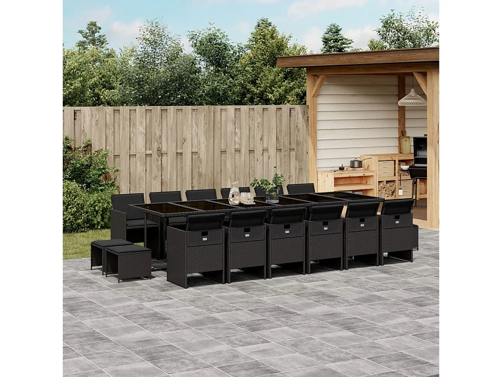 17 pcs conjunto de jantar p/ jardim c/ almofadões vime PE preto