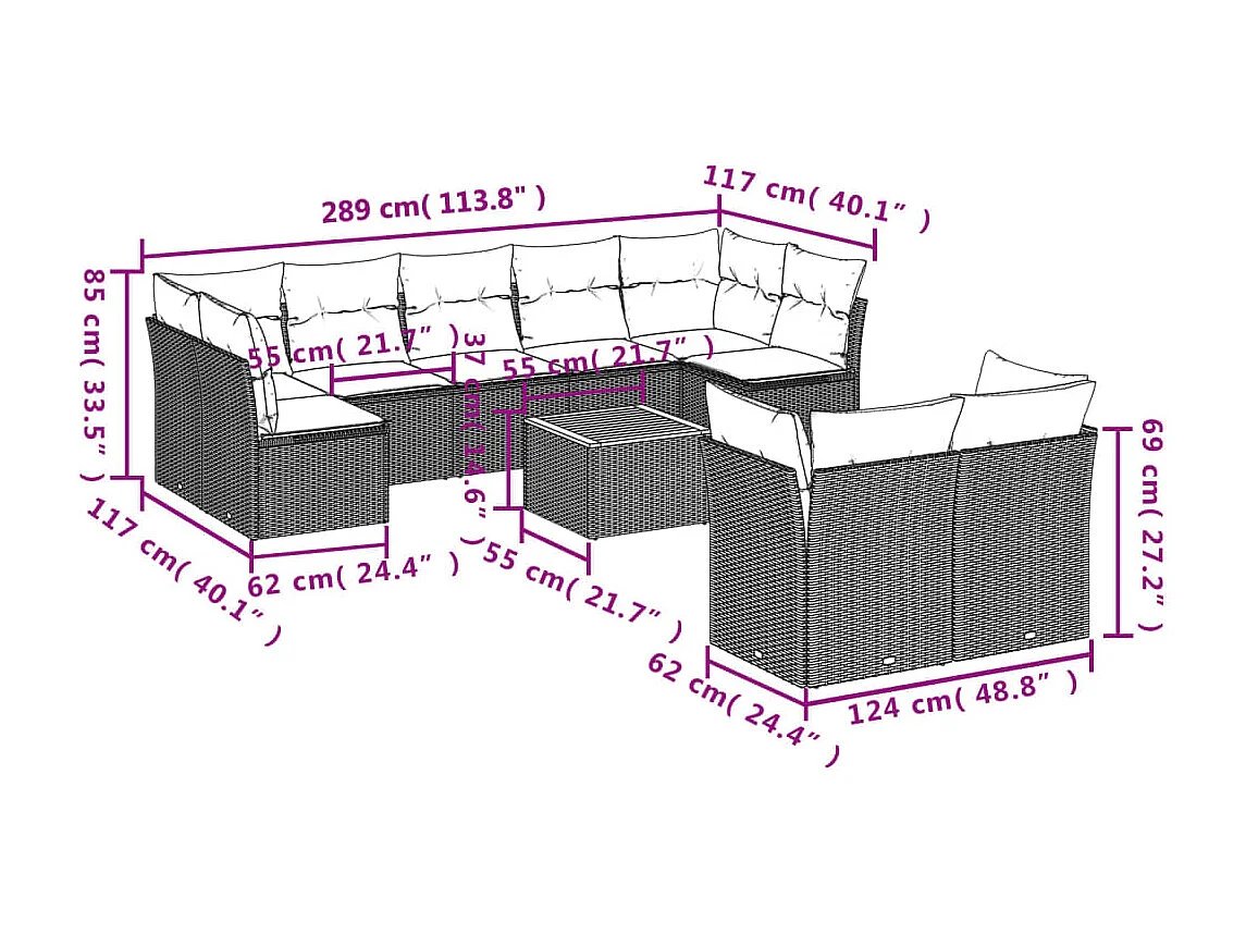Salon de jardin 10 pcs avec coussins noir résine tressée