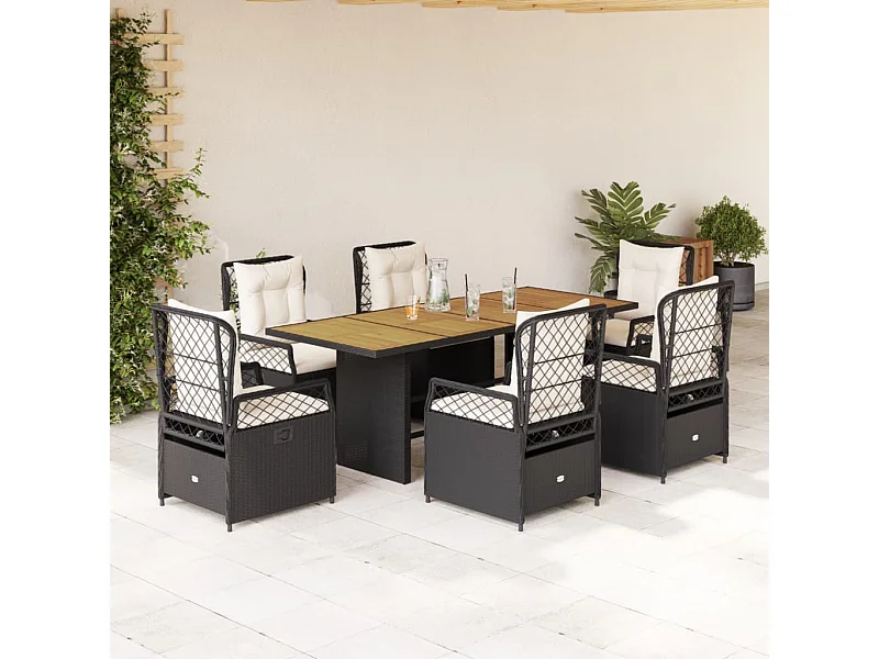 Set da Pranzo da Giardino 7 pz Nero con Cuscini in Polyrattan