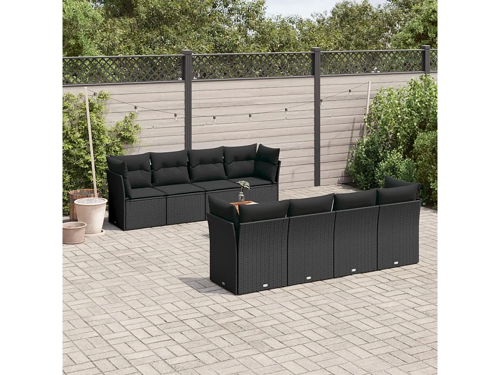 Set Divani da Giardino 9 pz con Cuscini Nero in Polyrattan