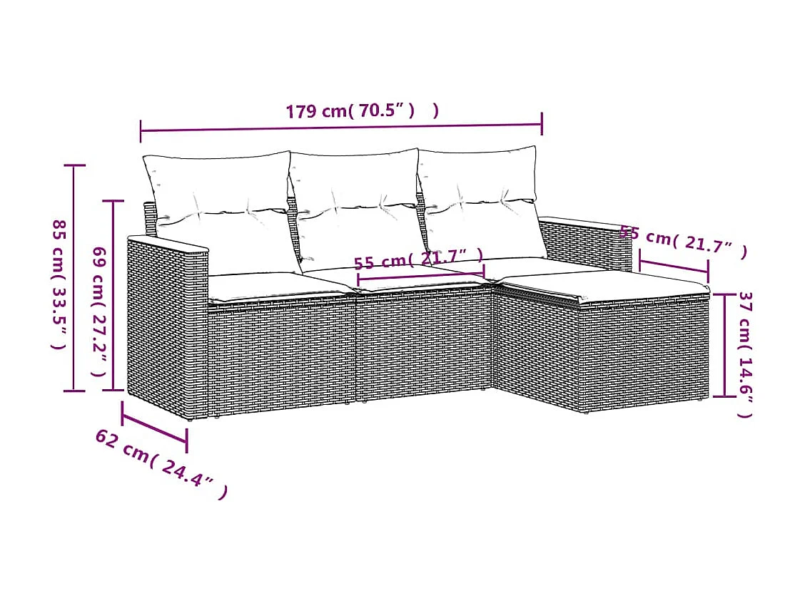 4 pcs conjunto de sofás para jardim c/ almofadões vime PE preto