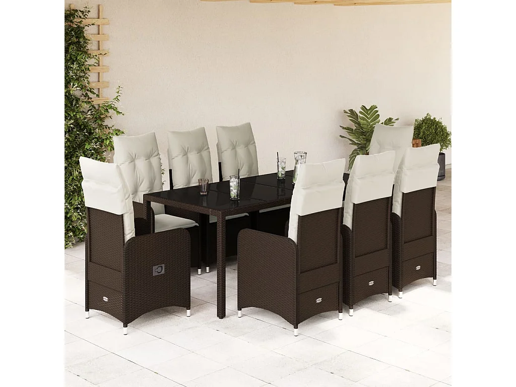 Ensemble de bistro de jardin 9 pcs coussins marron poly rotin