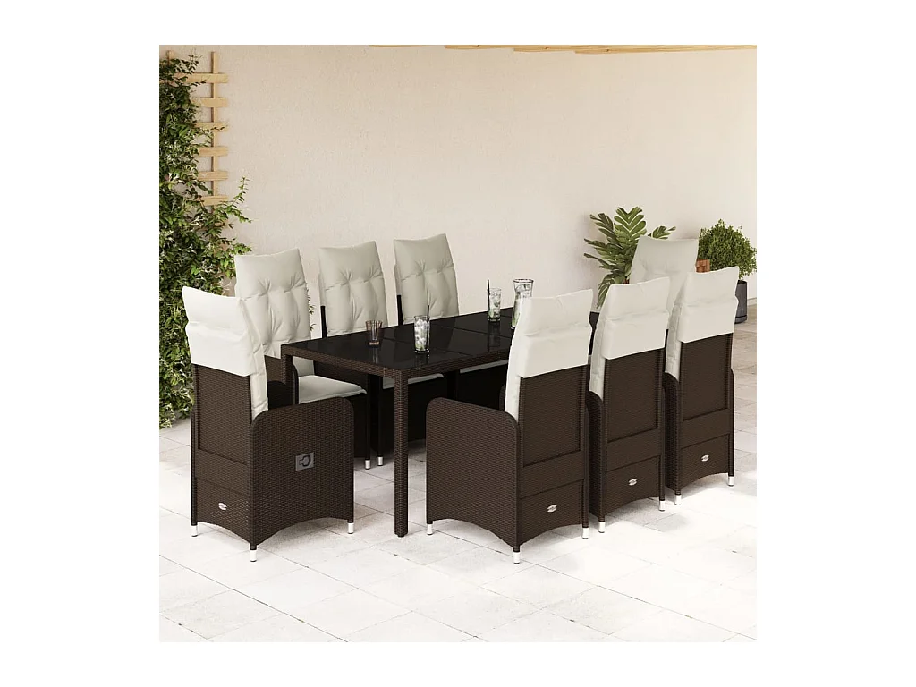 Ensemble de bistro de jardin 9 pcs coussins marron poly rotin