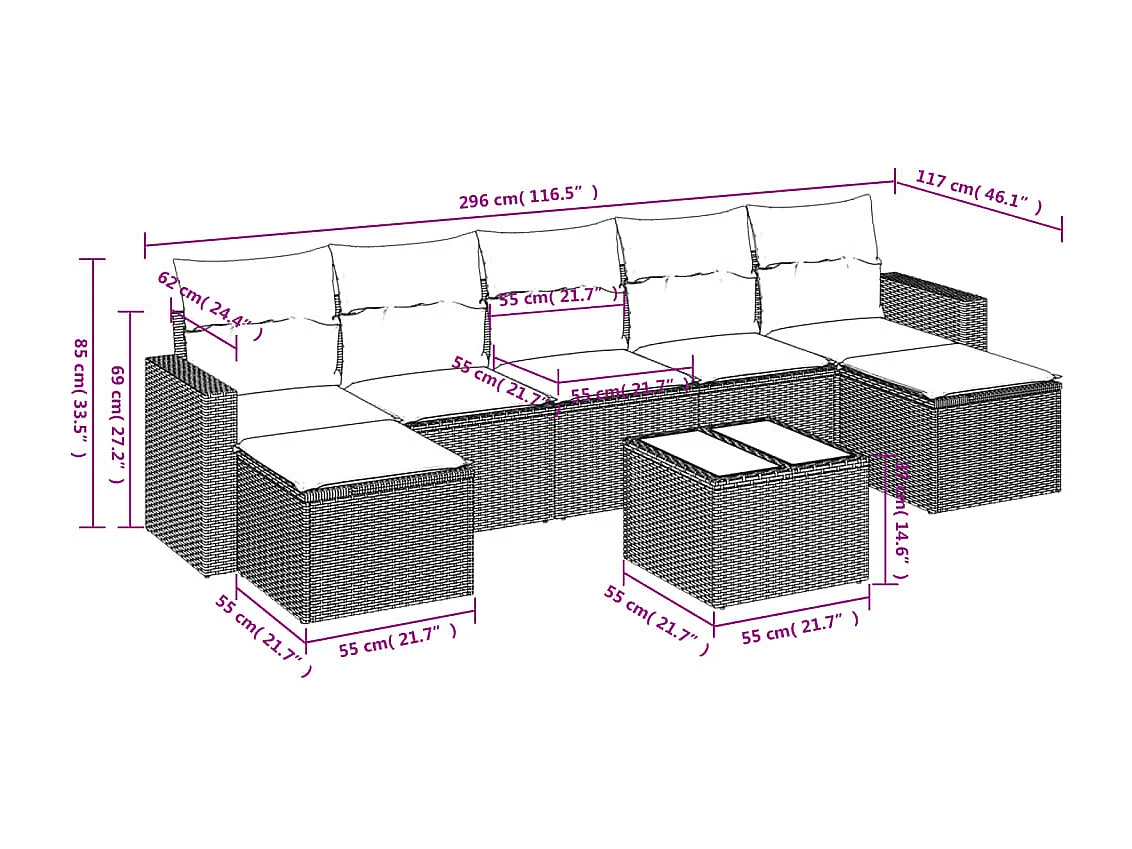 Set Divano da Giardino 8 pz con Cuscini Grigio in Polyrattan