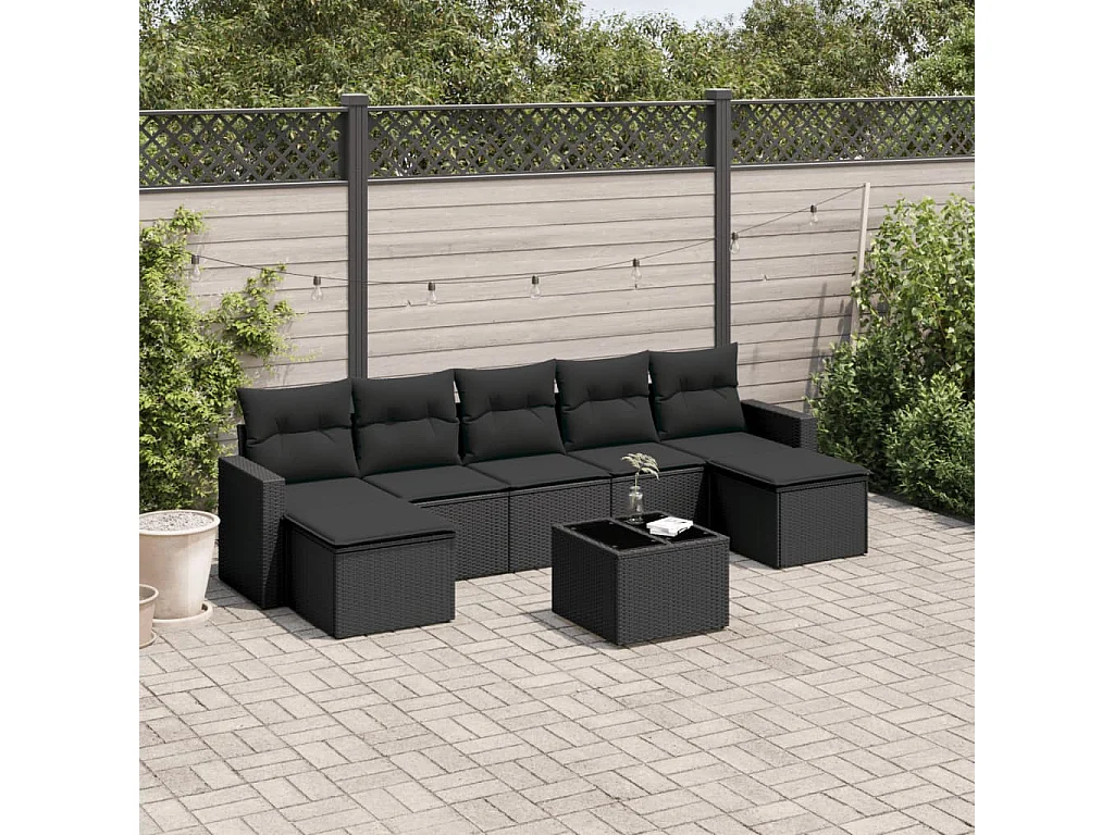 Salon de jardin 8 pcs avec coussins noir résine tressée
