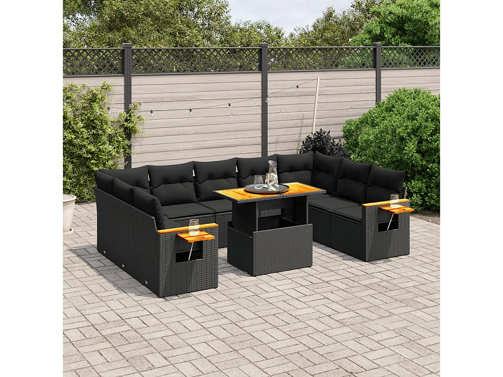 Salon de jardin 11 pcs avec coussins noir résine tressée