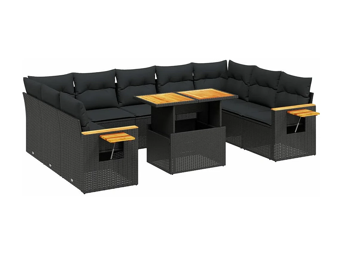 Salon de jardin 11 pcs avec coussins noir résine tressée