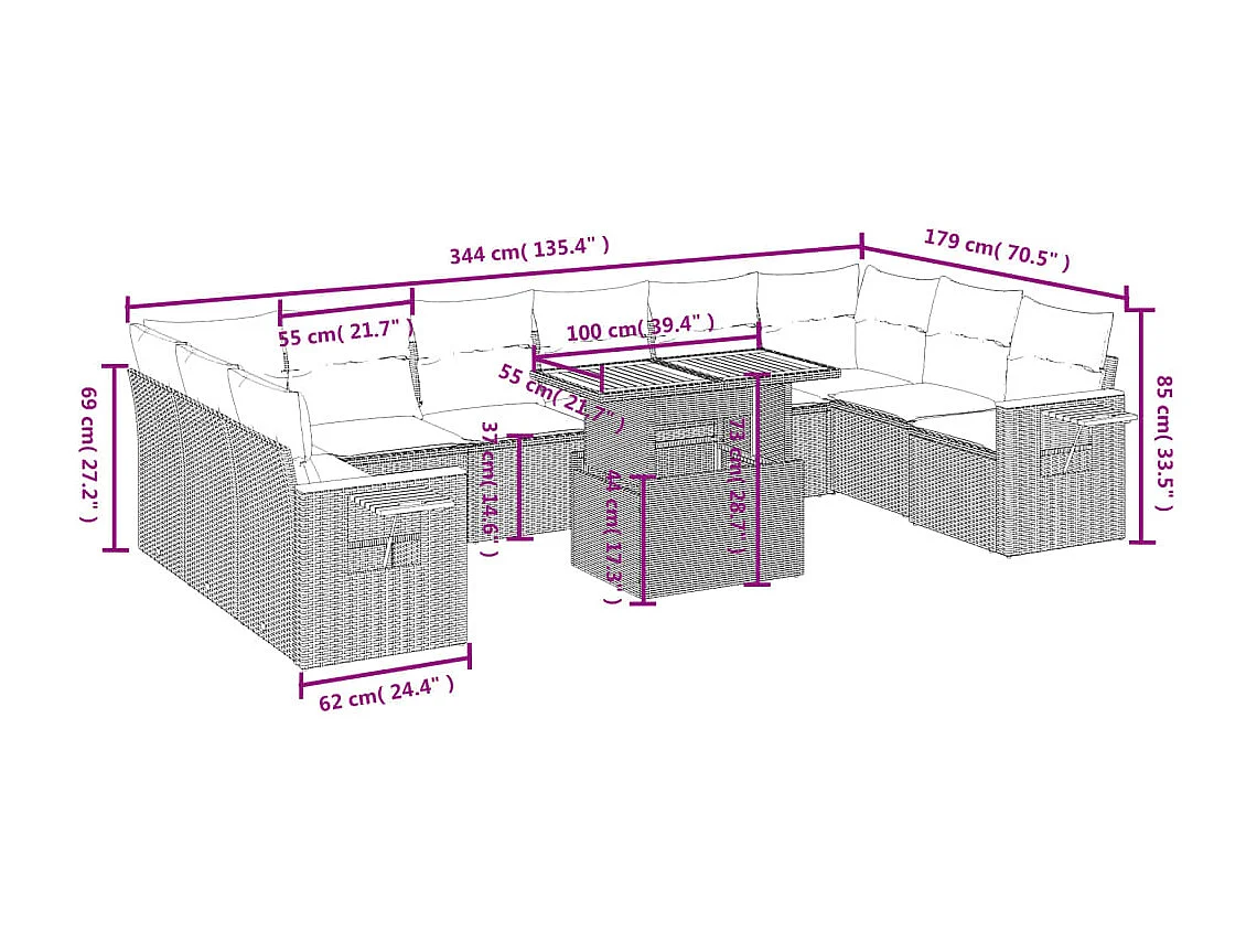 Salon de jardin 11 pcs avec coussins noir résine tressée