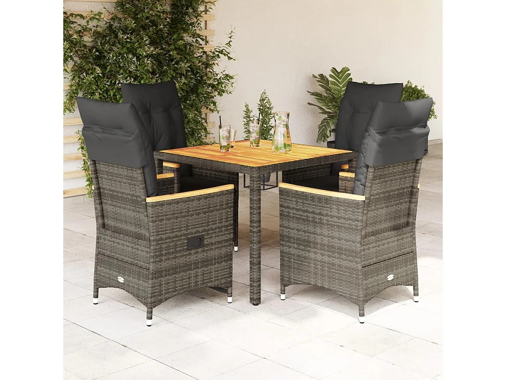 5 pcs conjunto de jantar p/ jardim c/ almofadões vime PE cinza