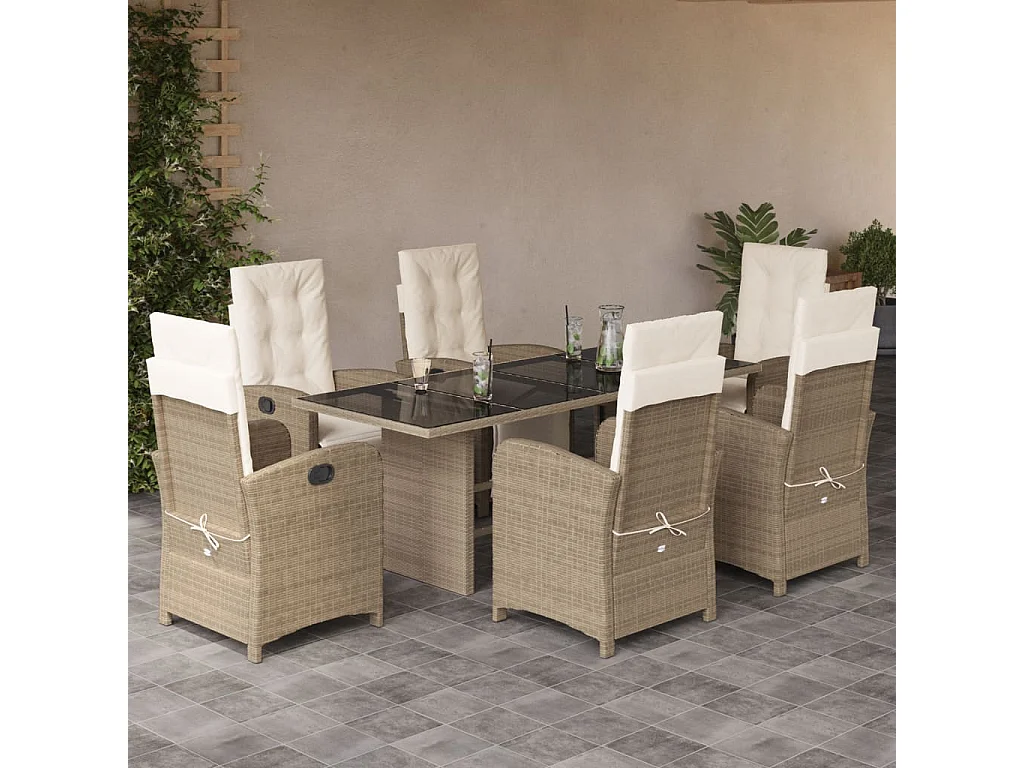 Ensemble à manger de jardin et coussins 7 pcs beige poly rotin