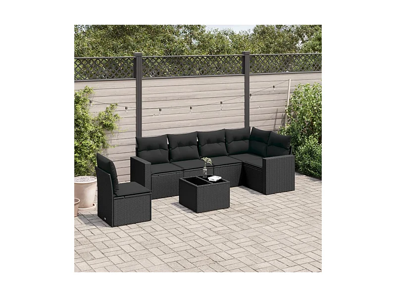 Set de comedor de jardín 7 pzas y cojines ratán sintético negro