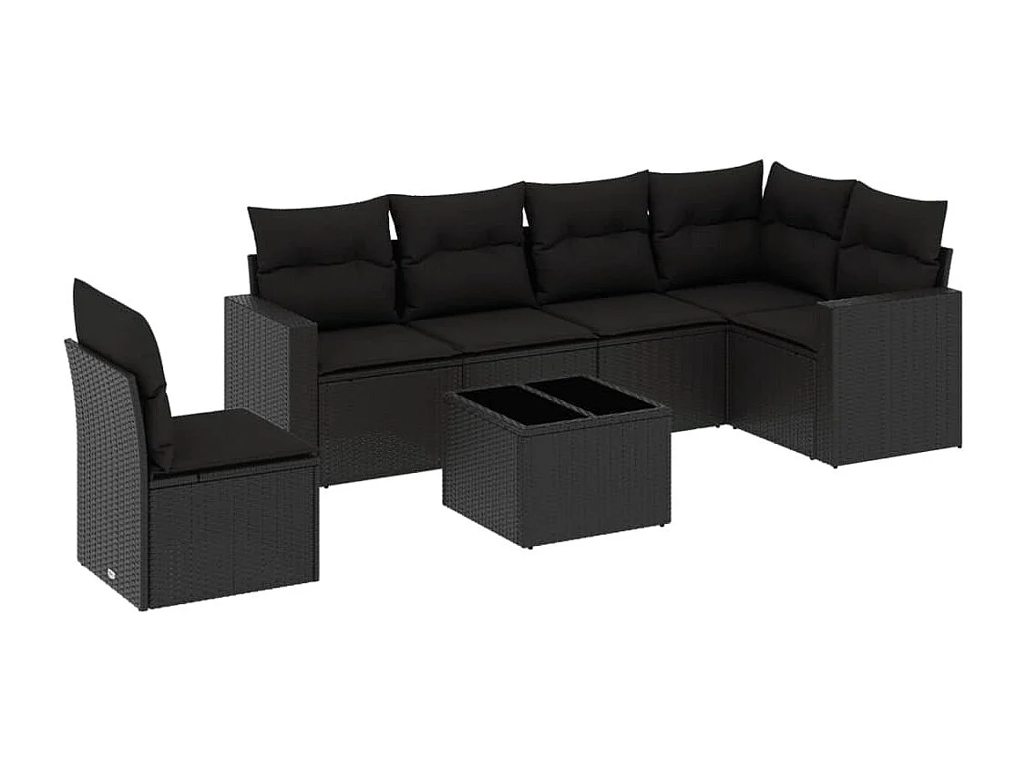 Salon de jardin 7 pcs avec coussins noir résine tressée
