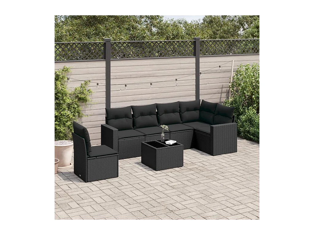 Salon de jardin 7 pcs avec coussins noir résine tressée
