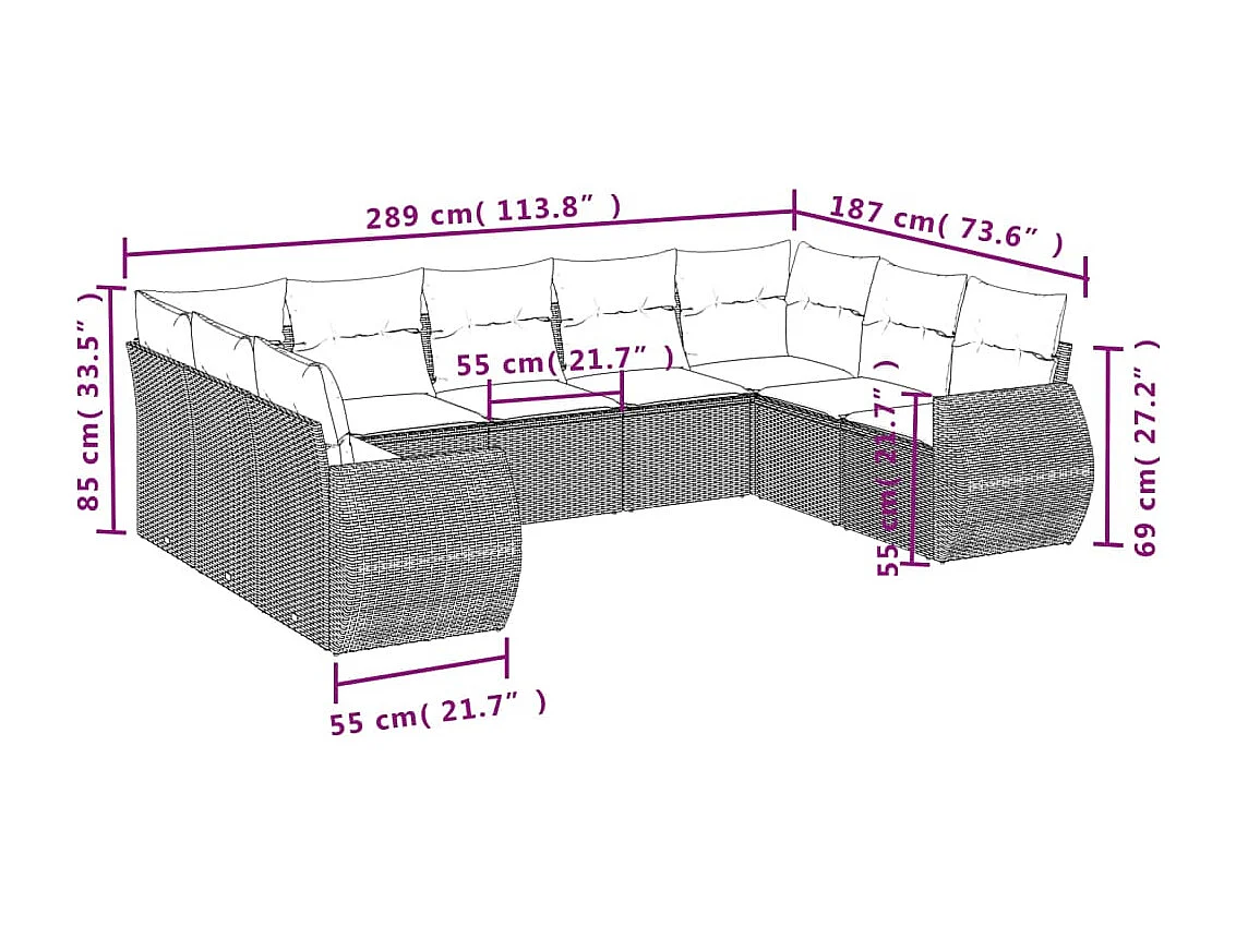 Set Divani da Giardino 9 pz con Cuscini Nero in Polyrattan