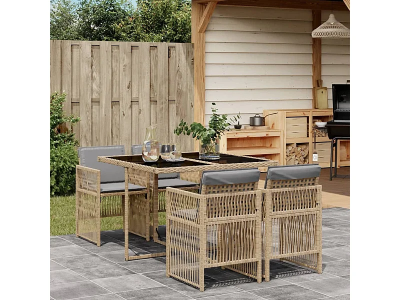 5-tlg. Garten-Essgruppe mit Kissen Beigemischung Poly Rattan