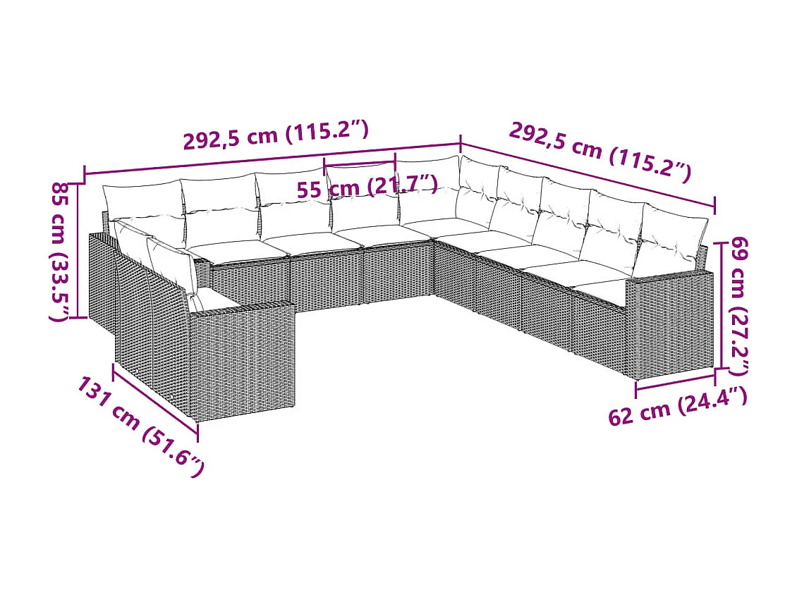 11-tlg. Garten-Sofagarnitur mit Kissen Braun Poly Rattan