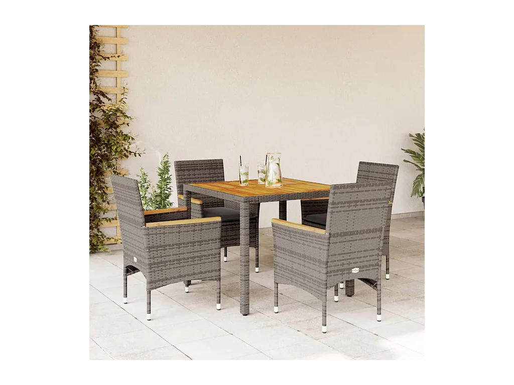 Set Pranzo Giardino 5 pz con Cuscini Grigio Polyrattan Acacia
