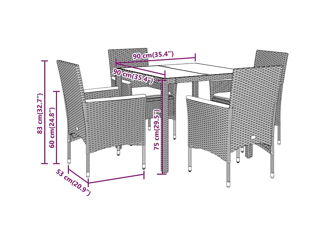 5-delige Tuinset met kussens poly rattan en acaciahout grijs