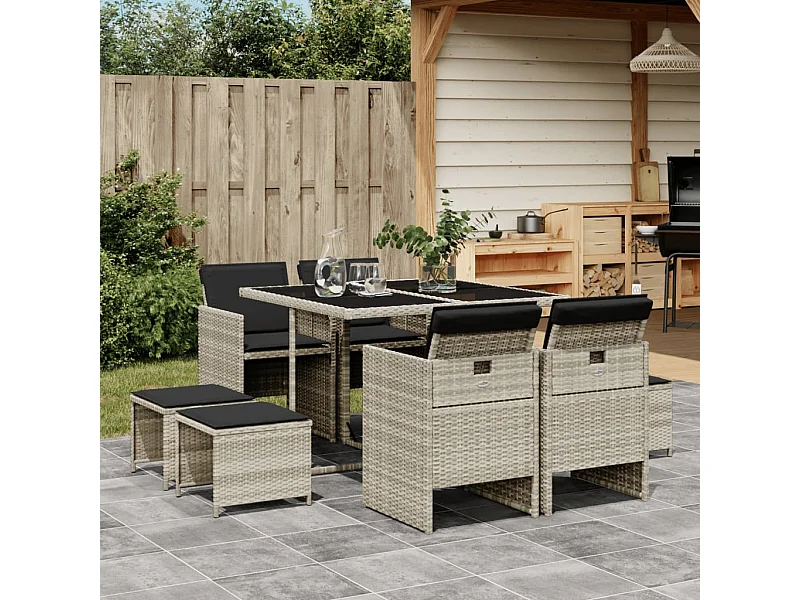 Set Pranzo da Giardino 9pz con Cuscini Grigio Chiaro Polyrattan