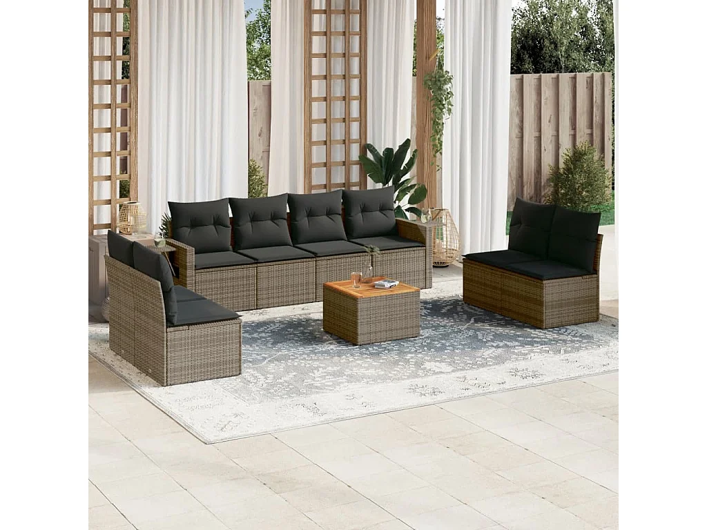 Set Divano da Giardino 9 pz con Cuscini Grigio in Polyrattan