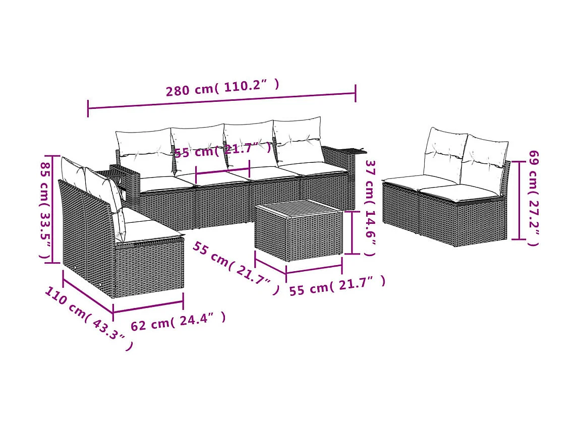 Set Divano da Giardino 9 pz con Cuscini Grigio in Polyrattan