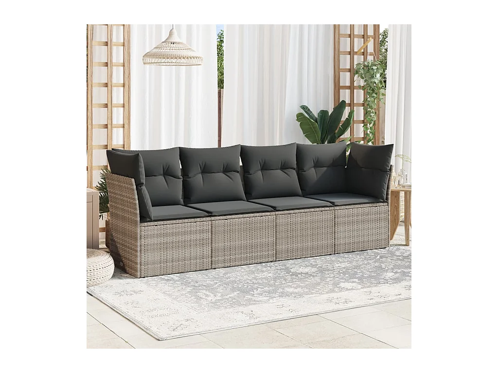 4 pcs conj. sofás jardim c/ almofadões vime PE cinzento-claro