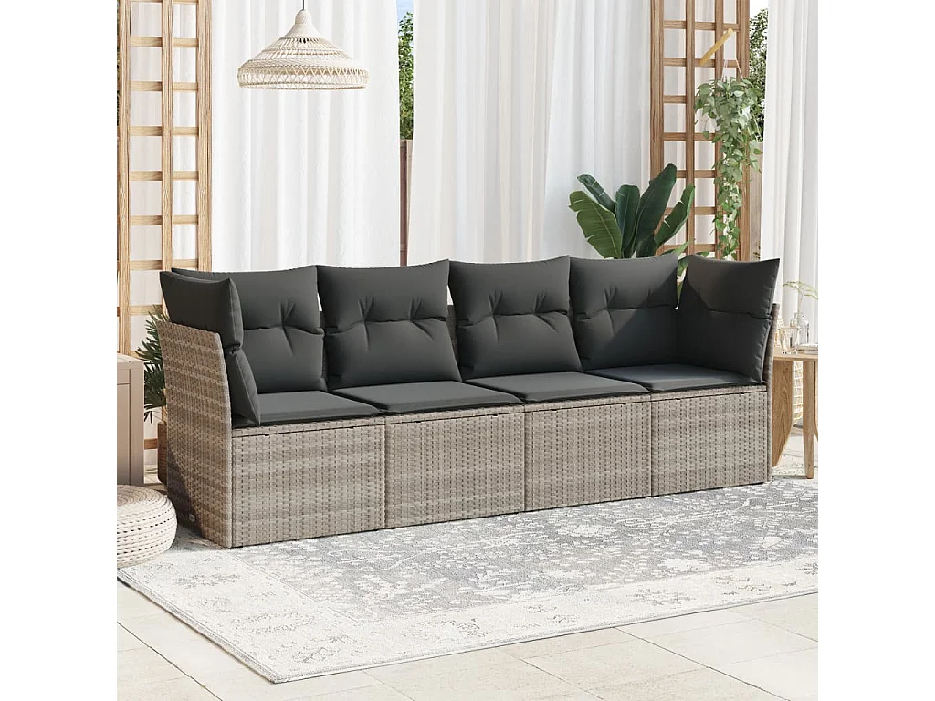 4 pcs conj. sofás jardim c/ almofadões vime PE cinzento-claro